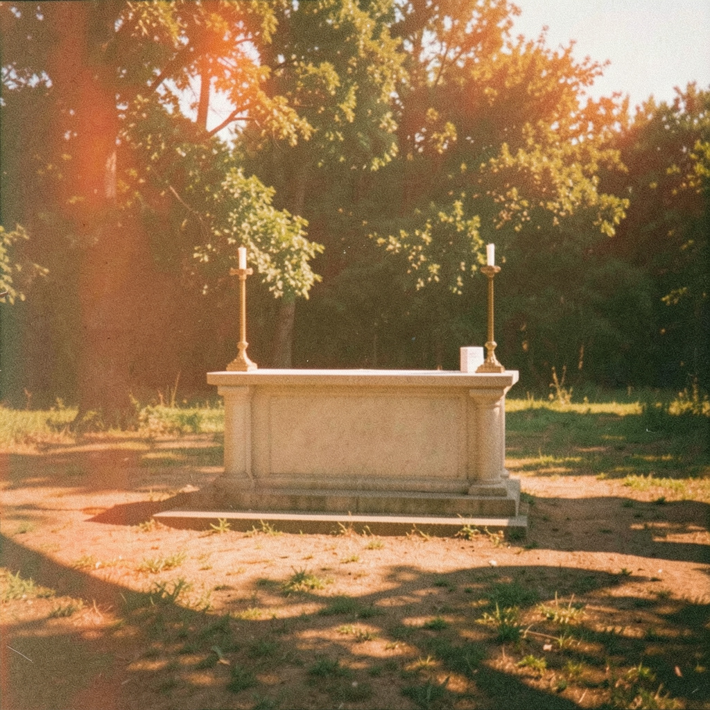 Analog film photograph of an outdoor Mass with a simple altar, late afternoon shadows and warm earth tones